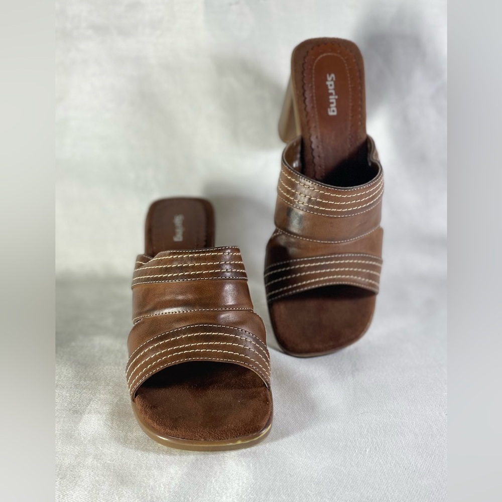 Spring Womens Slide Brown Leather Women Sandal Sz 7 Heel Summer Feminine Glam